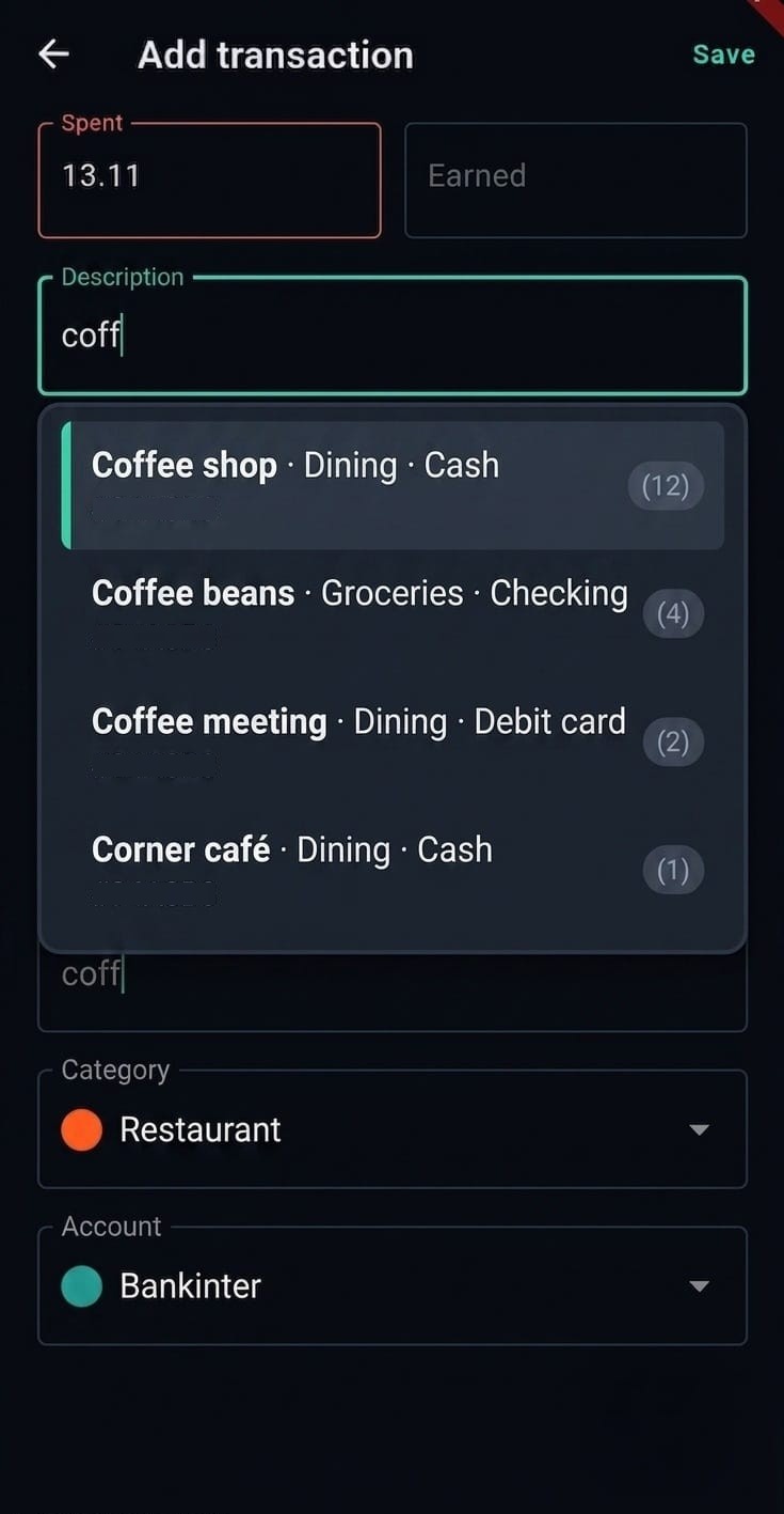 Description field showing autocomplete suggestions from past transactions