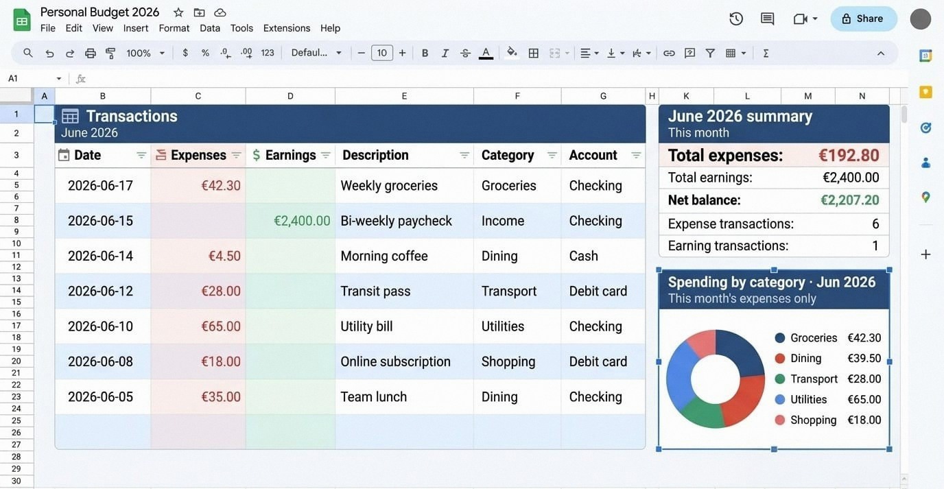Google Sheets dashboard with transactions table, monthly summary, and spending by category chart