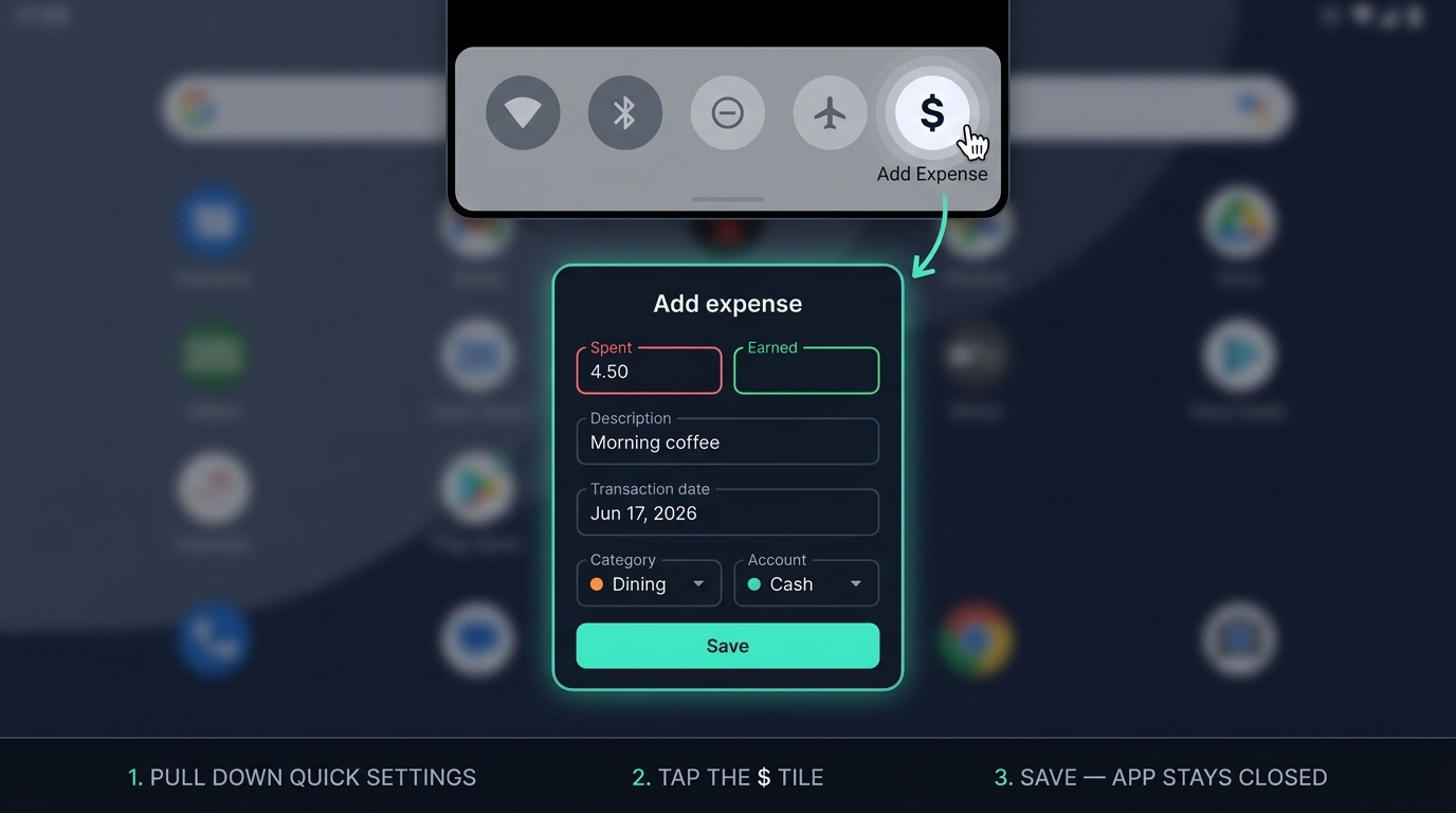 Quick Settings panel with Add Expense tile opening a save form without launching the full app